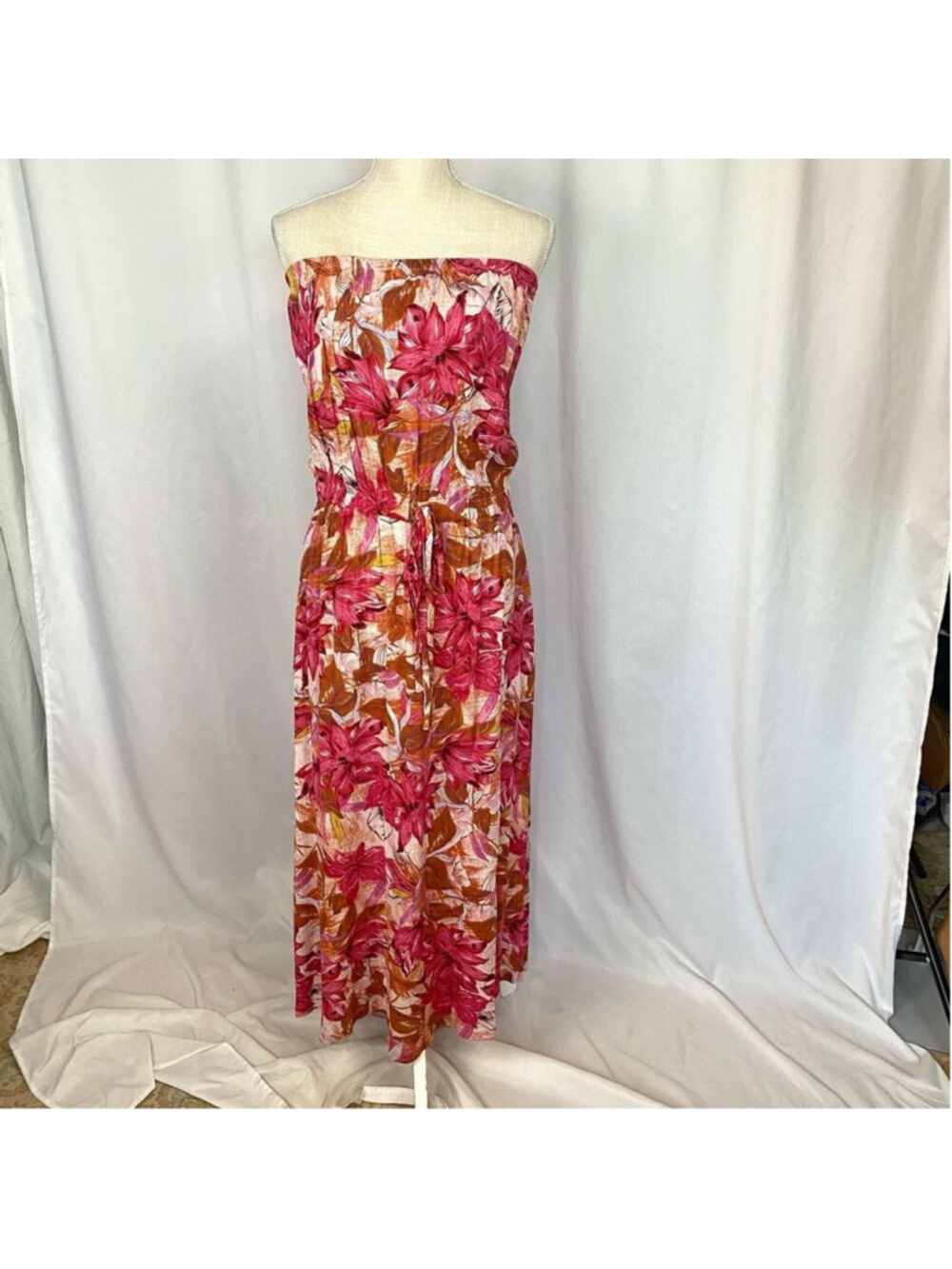Lascana Strapless Tube Top Maxi Dress Tropical Floral Pink Women’s 12 Side Slit